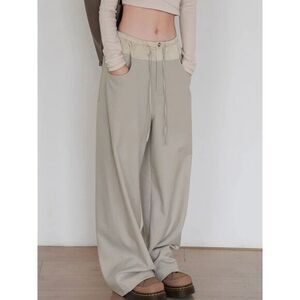 Commense Chic Wide-Leg Beige Trousers Drawstring Waist Casual Pants Loungewear L
